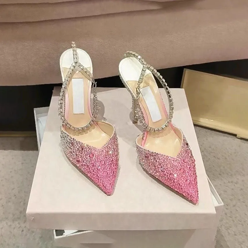2024 Summer Collection | European & American Gradient Pink Peep Toe Sandals for Women | Crystal Studded High Heel Heels