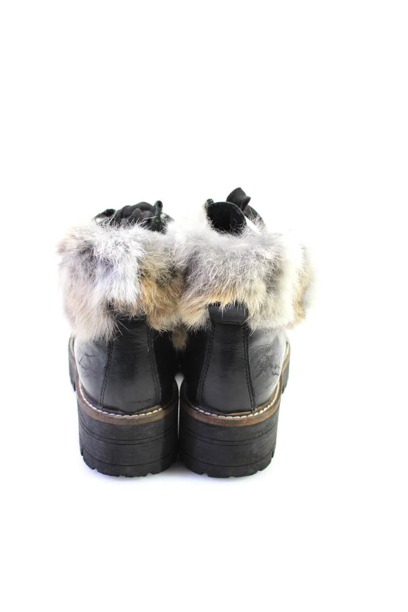 275 Central Women's Round Toe Lace Up Faux Fur Lug Sole Combat Boot Black