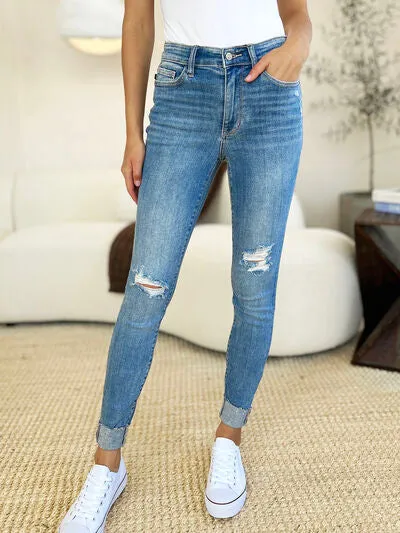 Anahi Mid-Rise Destroy & Cuff Skinny Jeans | Judy Blue