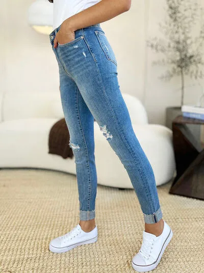Anahi Mid-Rise Destroy & Cuff Skinny Jeans | Judy Blue