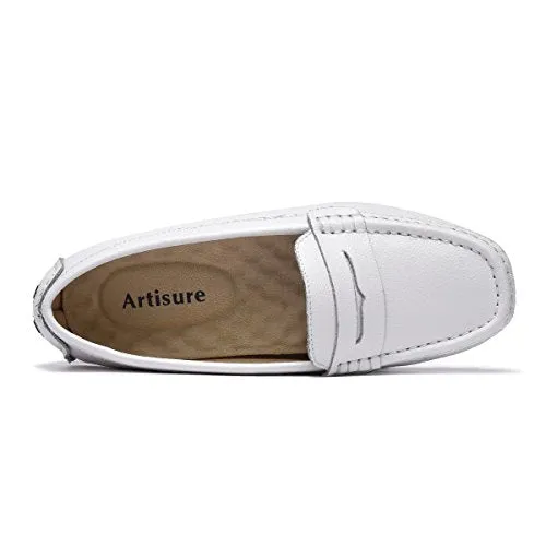 Artisure Women's Girls' Classic Handsewn White Genuine Leather Penny Loafers Driving Moccasins Casual Boat Shoes Slip On Fashion Office Comfort Flats 9 M US SKS-1221BAI90