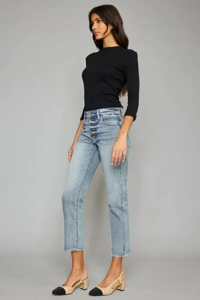 Beach Bonfire High-Waist Button Fly Cropped Straight Jeans | Kancan