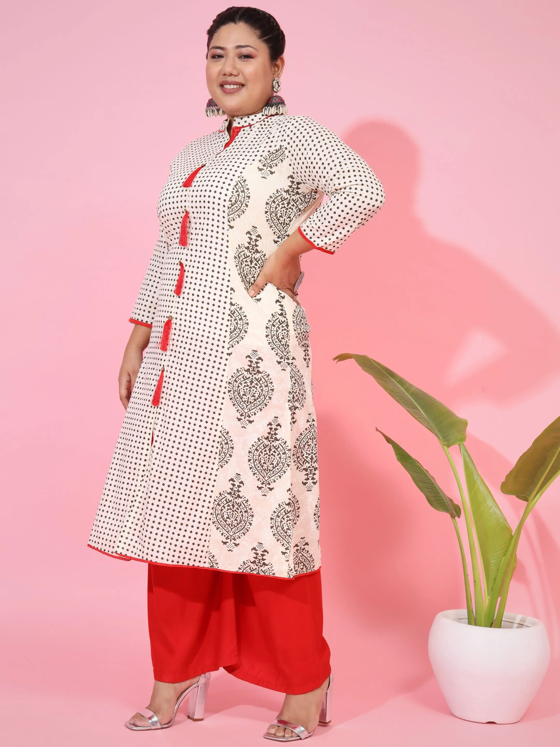 Beige Cotton A-Line Kurti