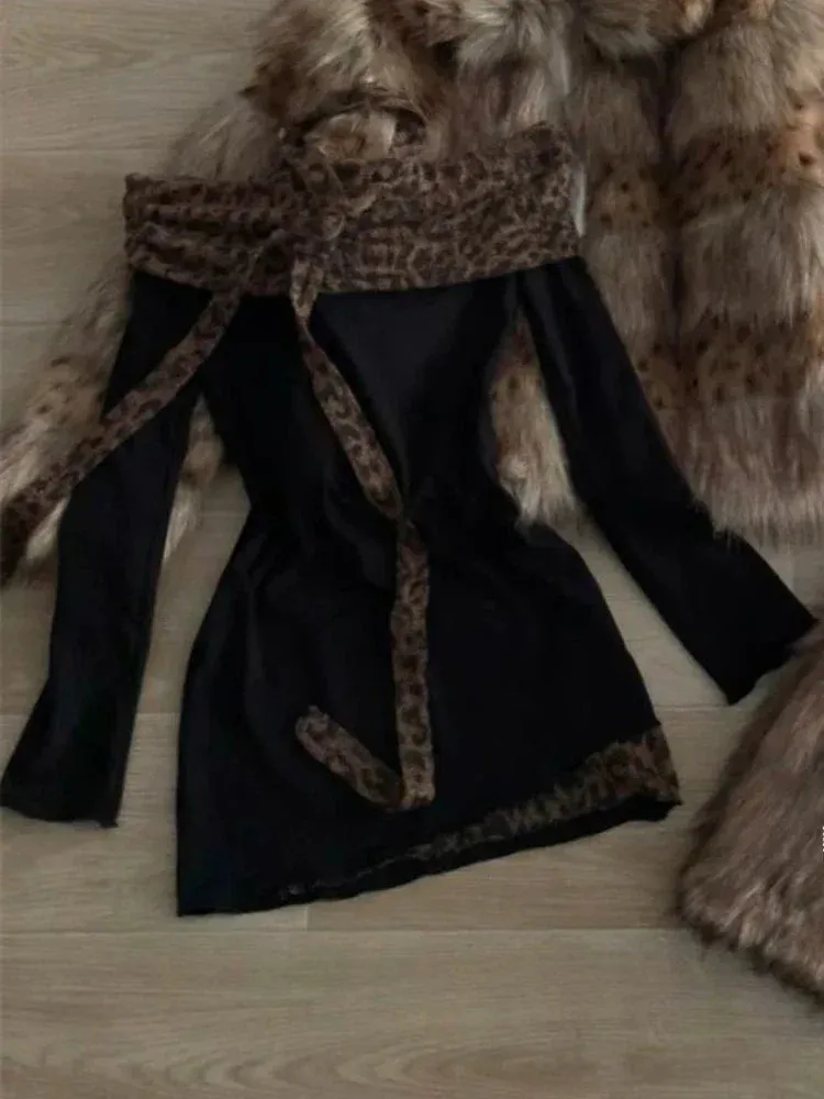 Black Off-Shoulder Mini Dress – Leopard Trim & Belt Detail From Kawaii Stop