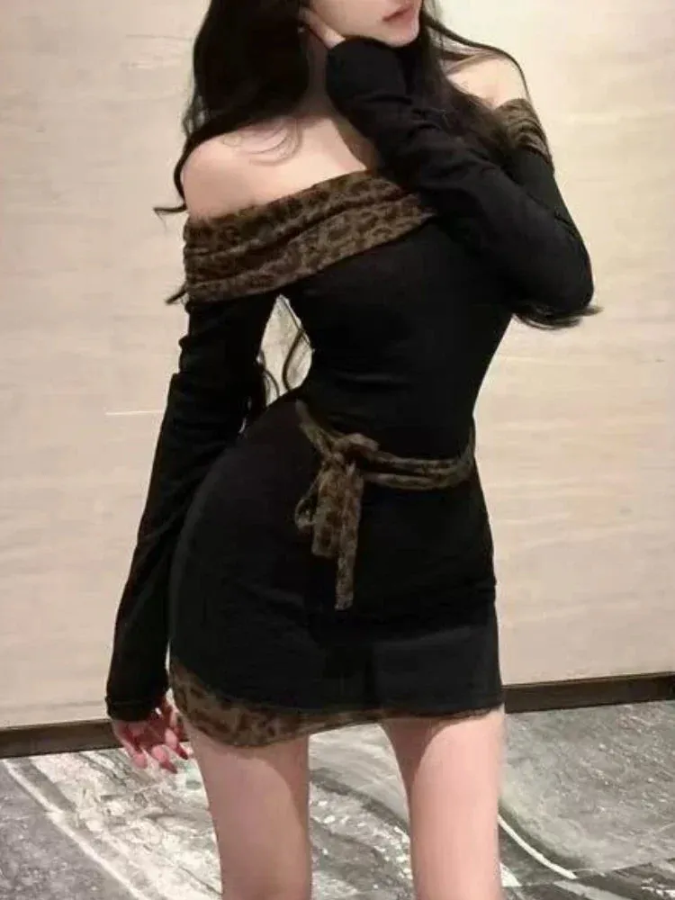 Black Off-Shoulder Mini Dress – Leopard Trim & Belt Detail From Kawaii Stop