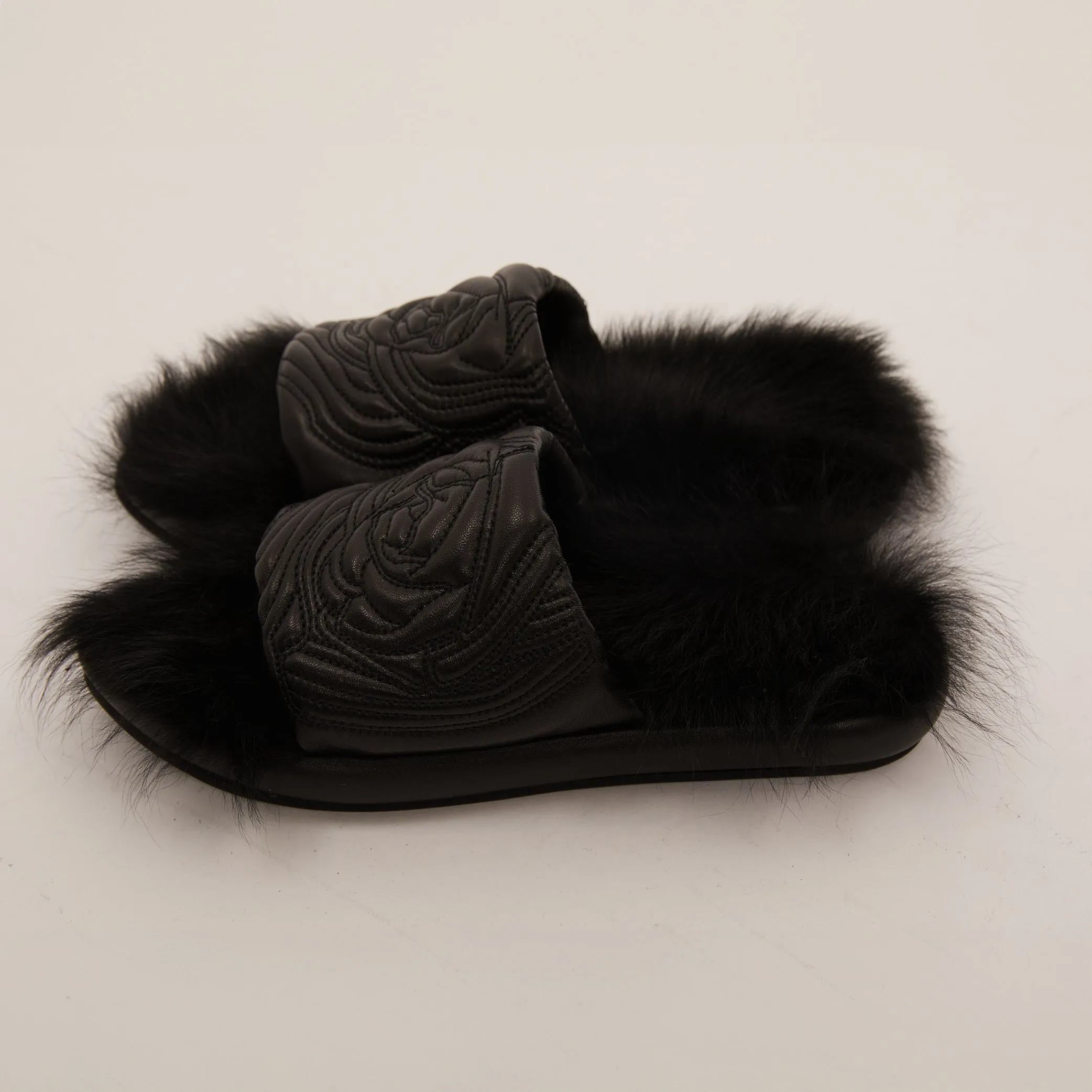 Black Rose Quilted Fur Slippers