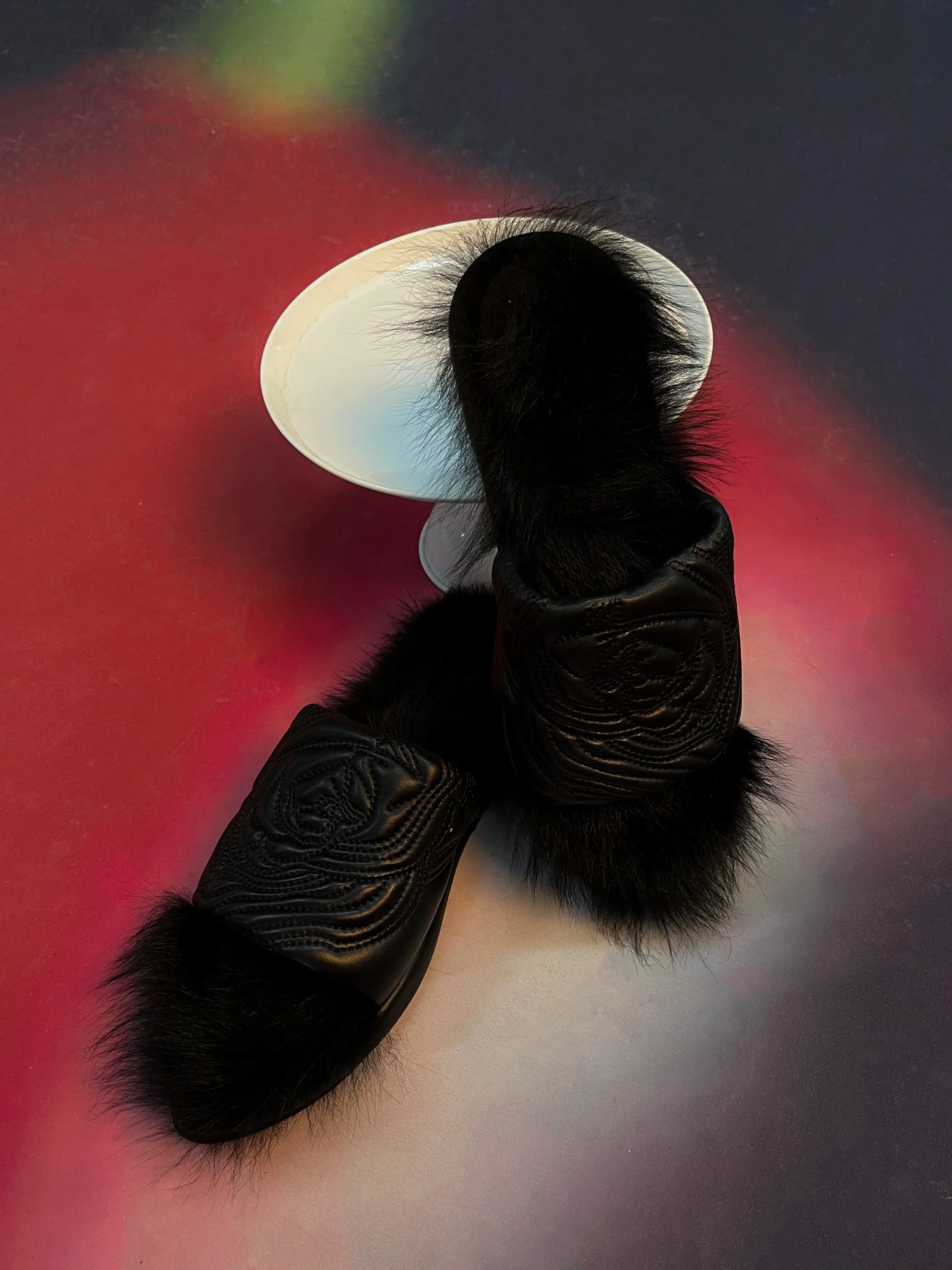 Black Rose Quilted Fur Slippers