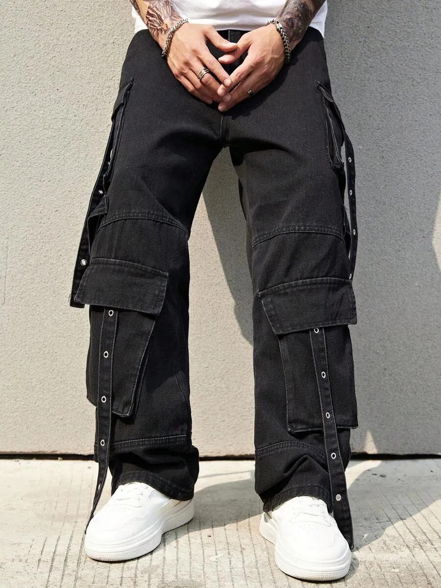 Black Side Pocket Baggy Jeans for Men