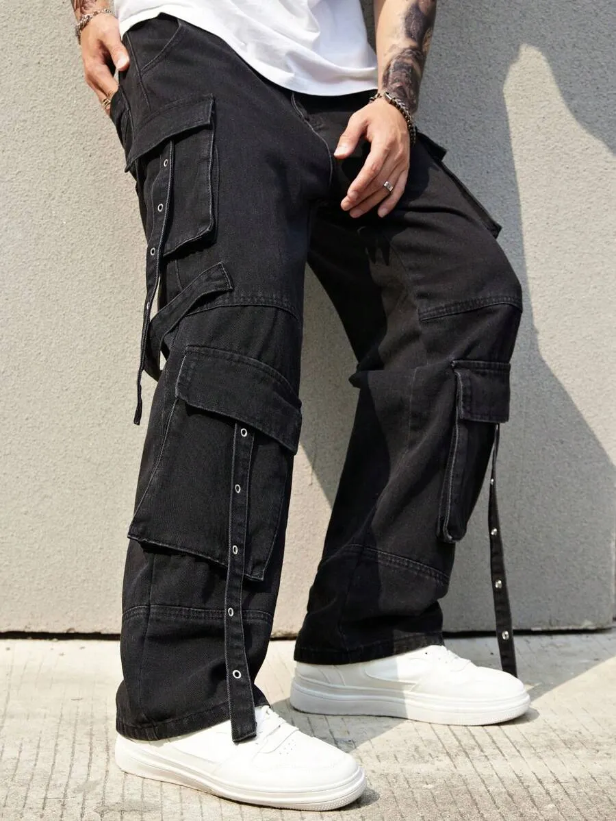 Black Side Pocket Baggy Jeans for Men