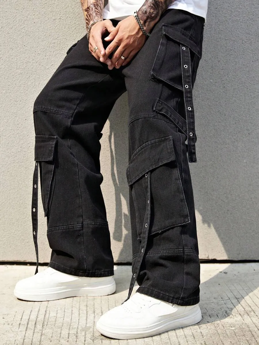 Black Side Pocket Baggy Jeans for Men