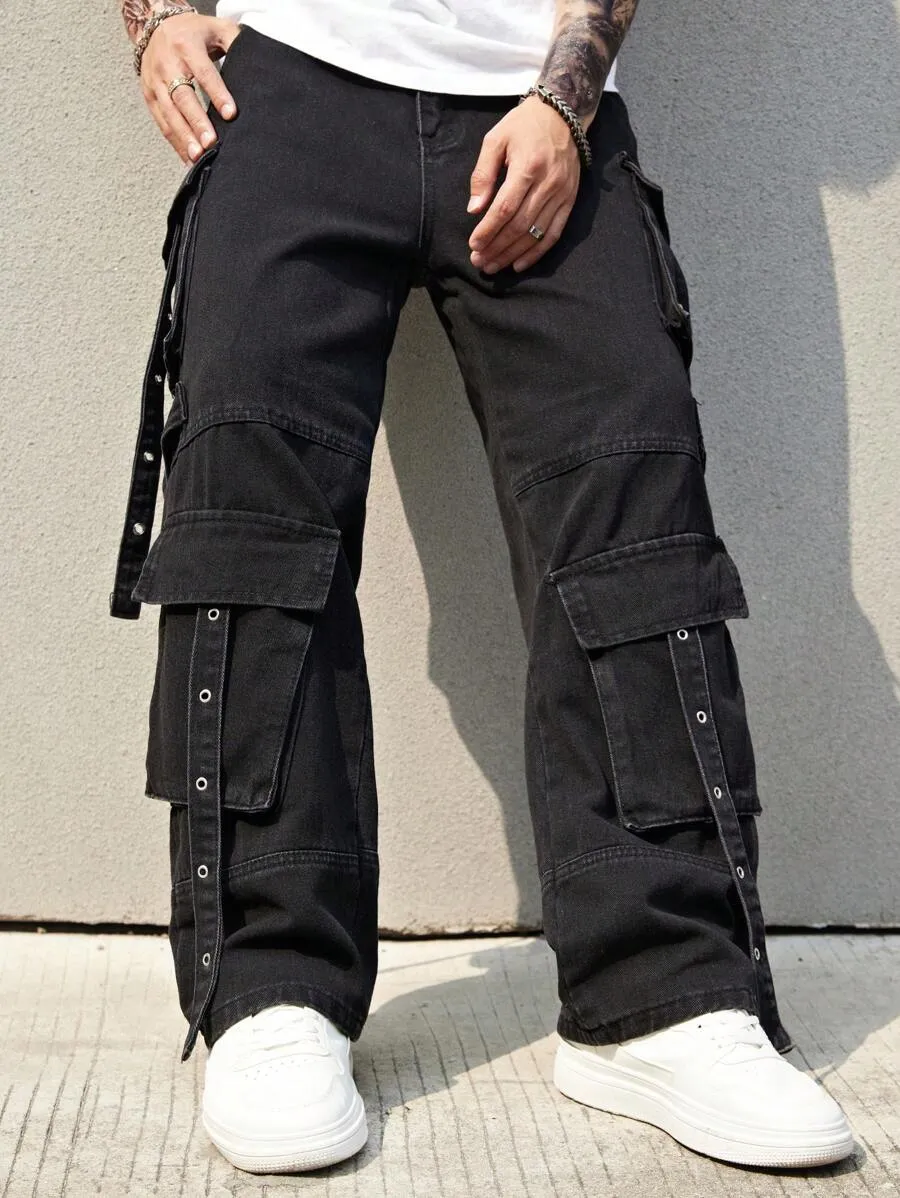 Black Side Pocket Baggy Jeans for Men