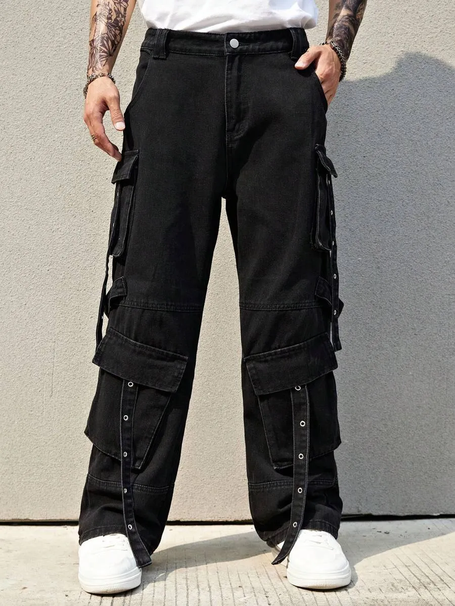 Black Side Pocket Baggy Jeans for Men