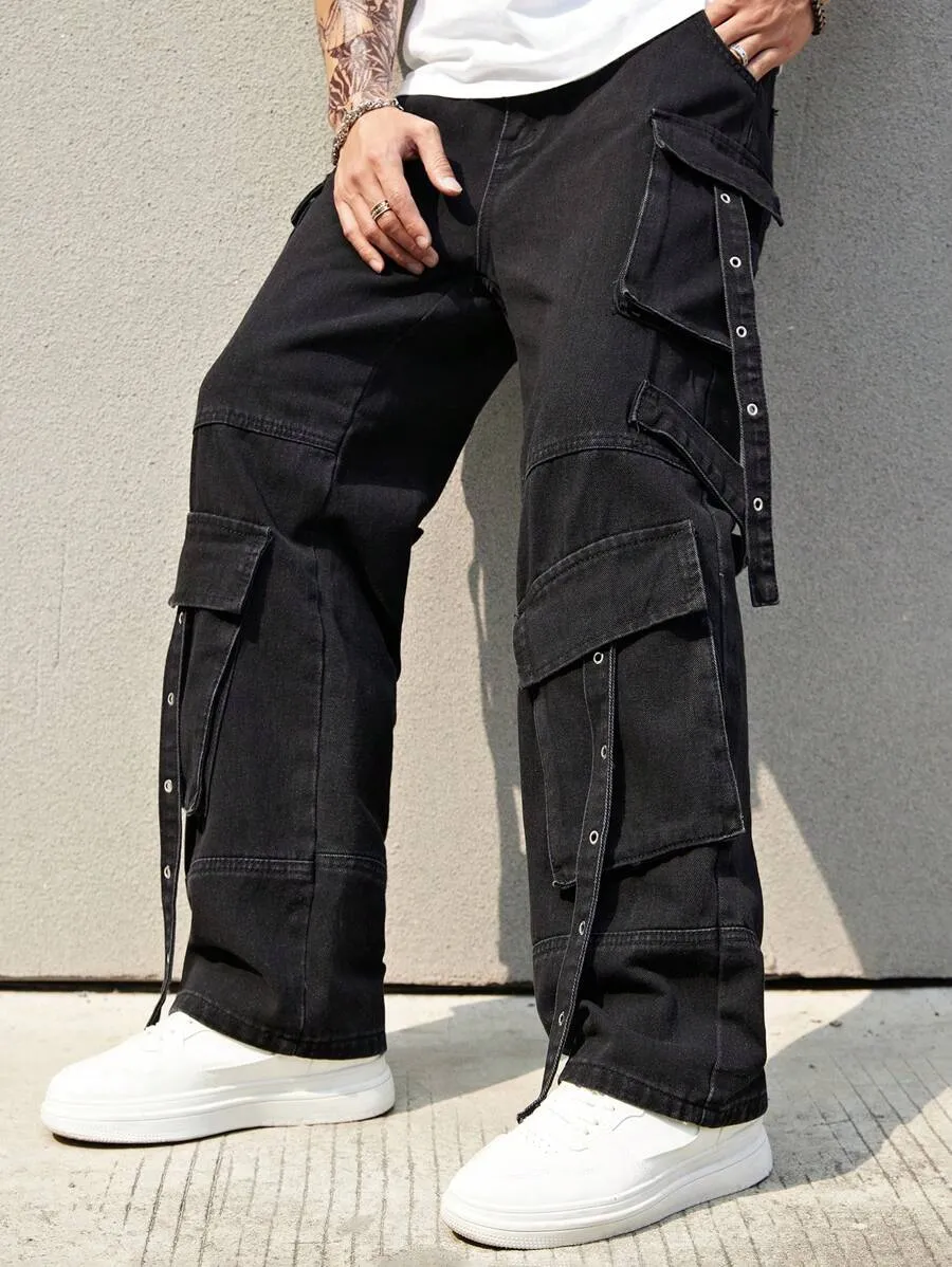 Black Side Pocket Baggy Jeans for Men