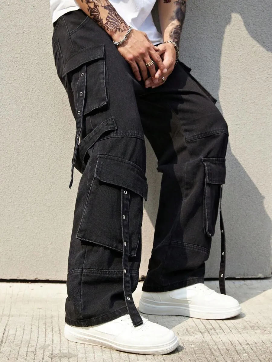 Black Side Pocket Baggy Jeans for Men