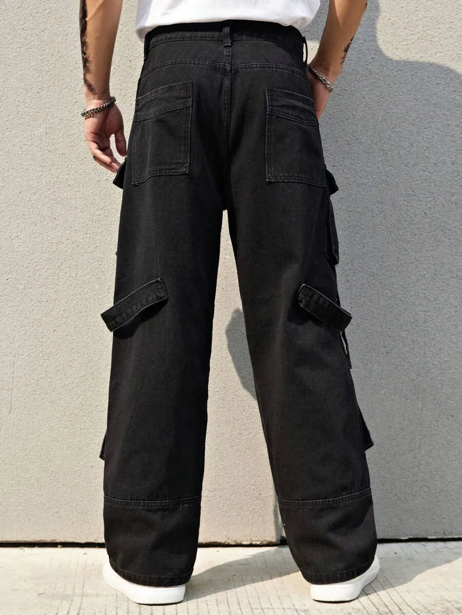 Black Side Pocket Baggy Jeans for Men