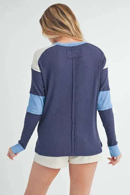 Blue Color Block Waffle Knit Long Sleeve Top