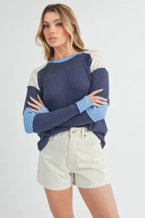 Blue Color Block Waffle Knit Long Sleeve Top