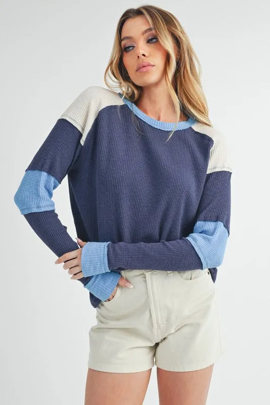 Blue Color Block Waffle Knit Long Sleeve Top