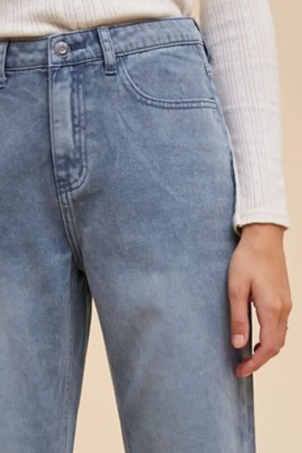 Blue Distressed Raw Hem Wide-Leg Jeans