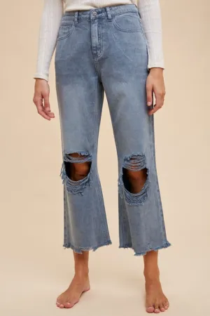 Blue Distressed Raw Hem Wide-Leg Jeans