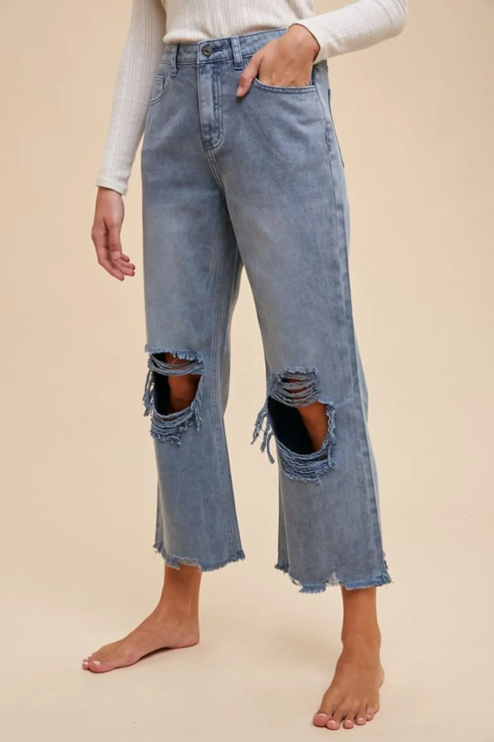 Blue Distressed Raw Hem Wide-Leg Jeans