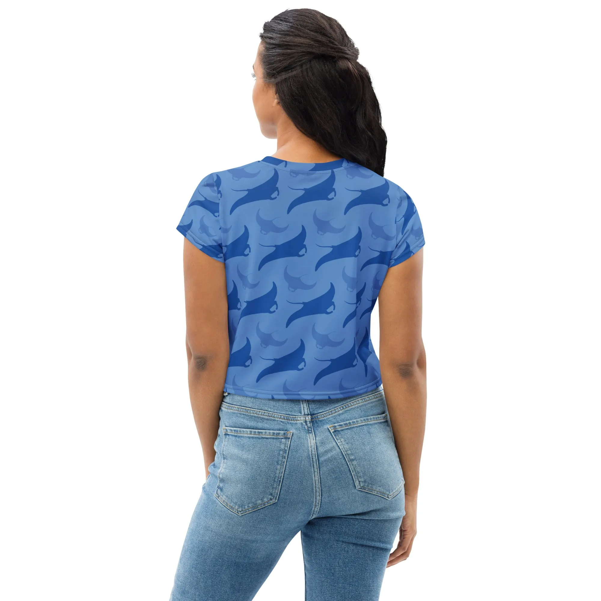 Blue Manta Ray All-Over Print Crop Tee, Nautical Theme Crop Top