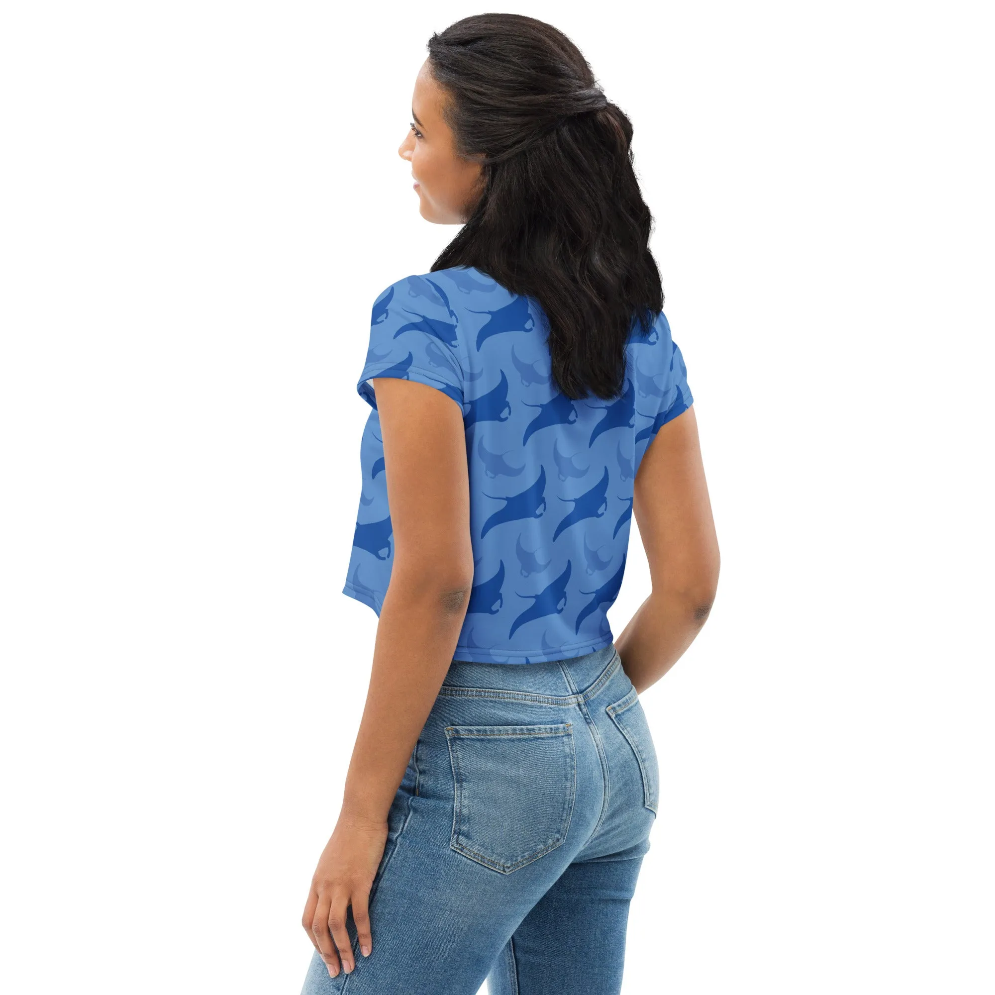 Blue Manta Ray All-Over Print Crop Tee, Nautical Theme Crop Top