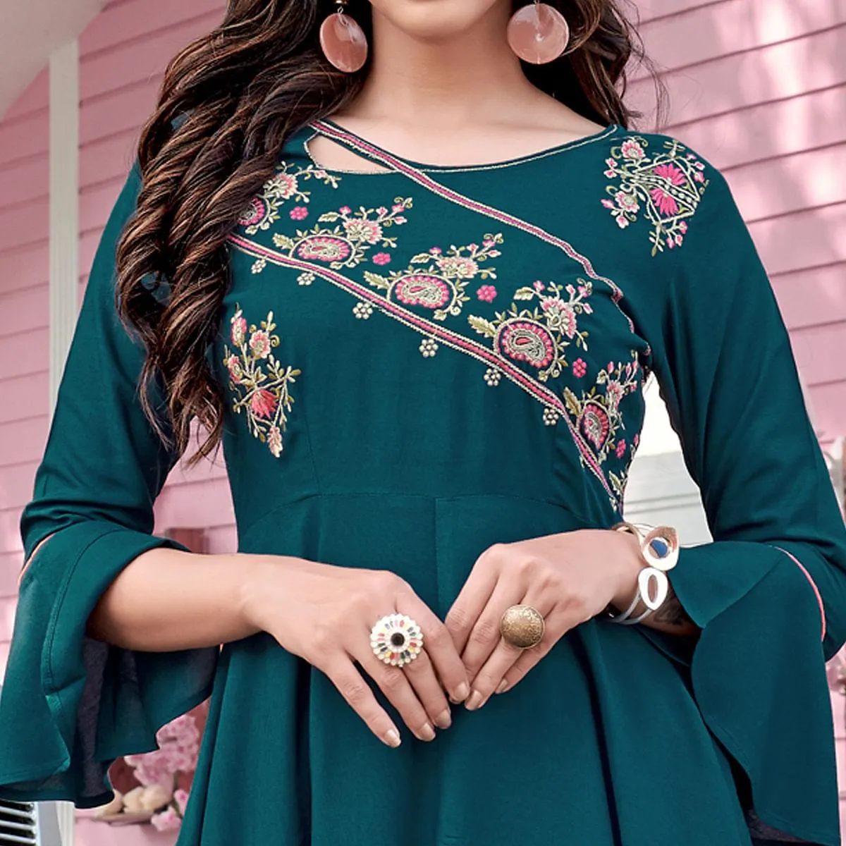 Bottle Green Casual Wear Embroidered Rayon Gown