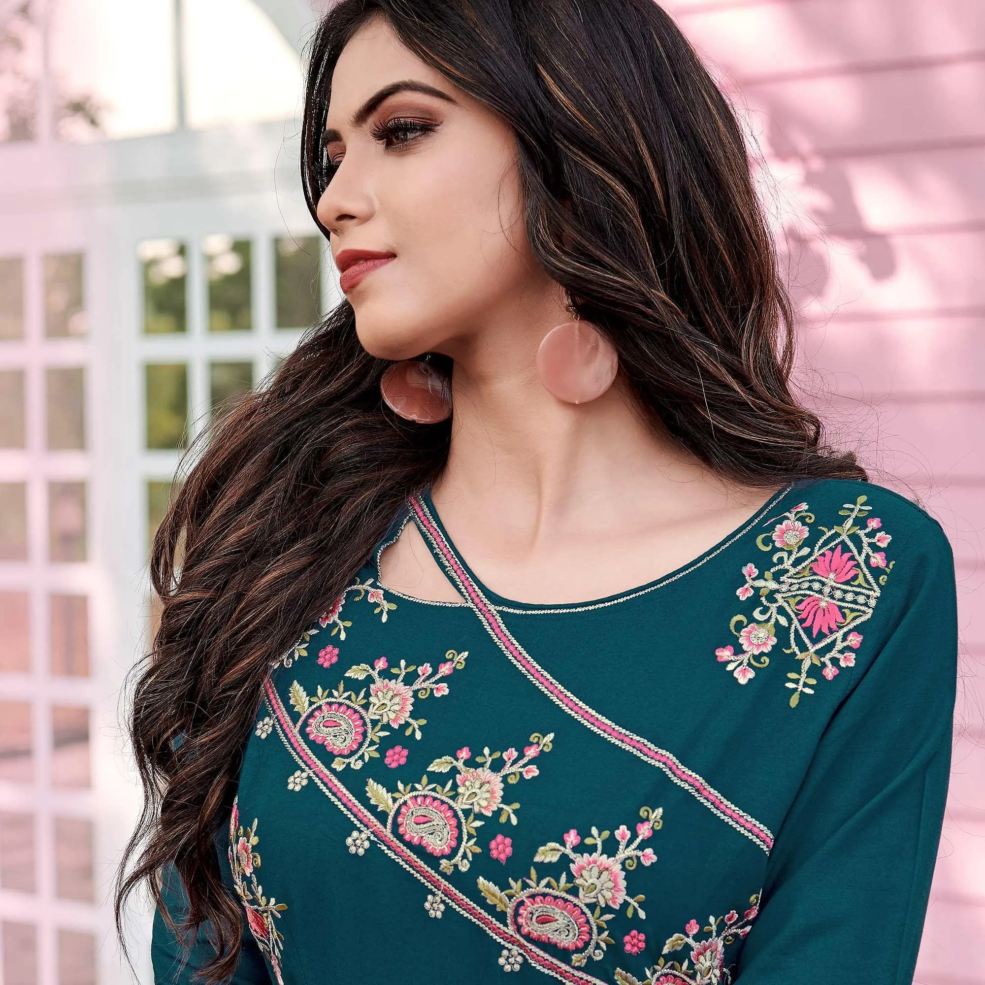 Bottle Green Casual Wear Embroidered Rayon Gown