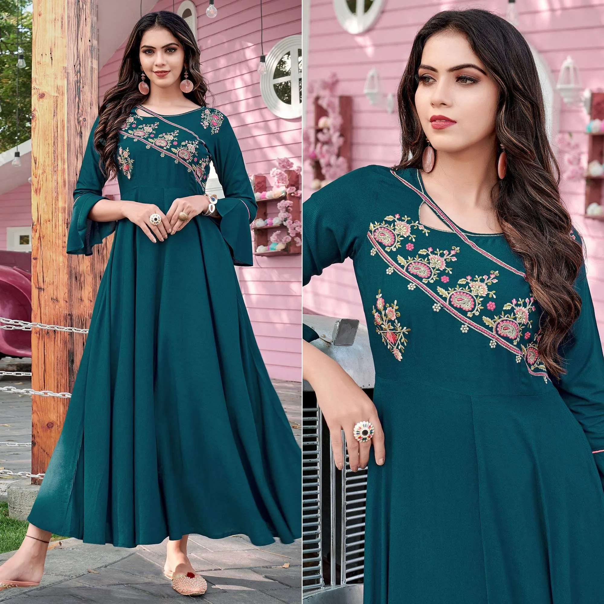 Bottle Green Casual Wear Embroidered Rayon Gown