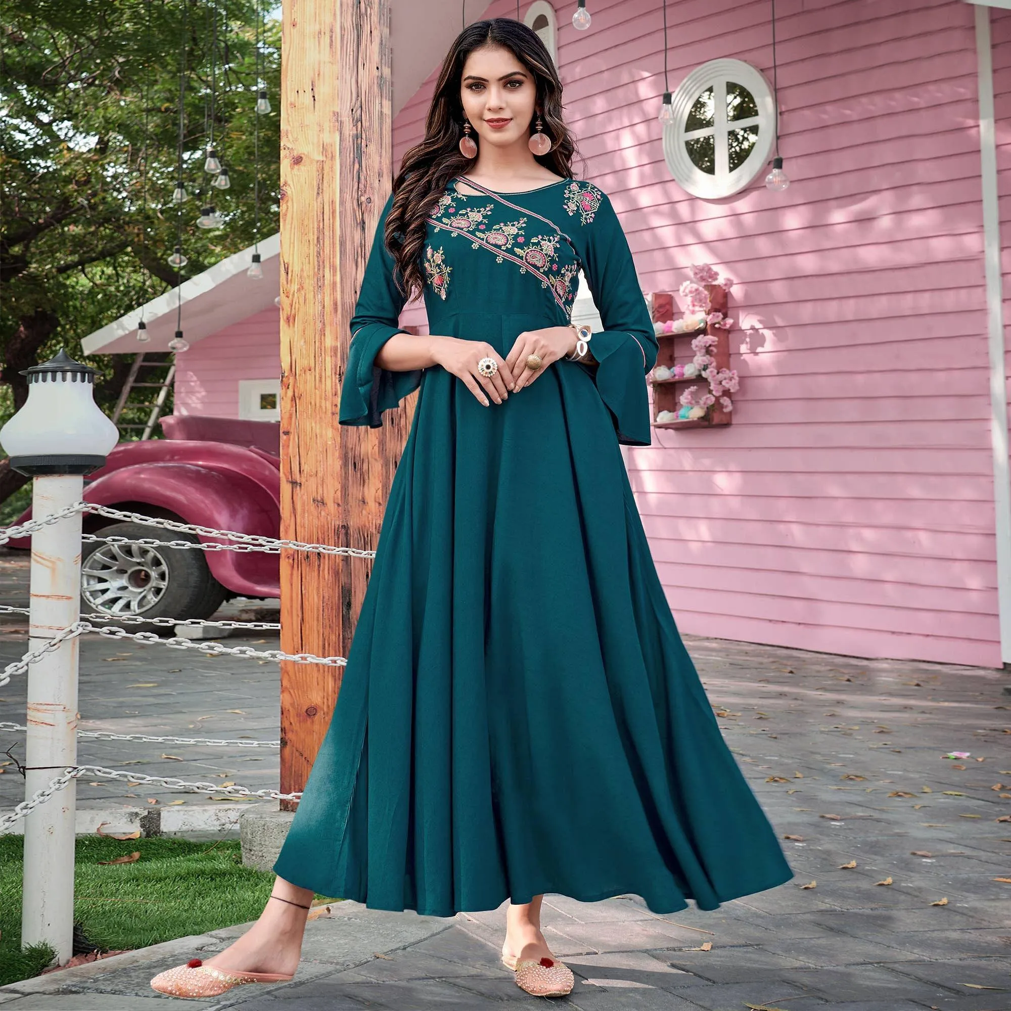 Bottle Green Casual Wear Embroidered Rayon Gown