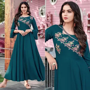 Bottle Green Casual Wear Embroidered Rayon Gown