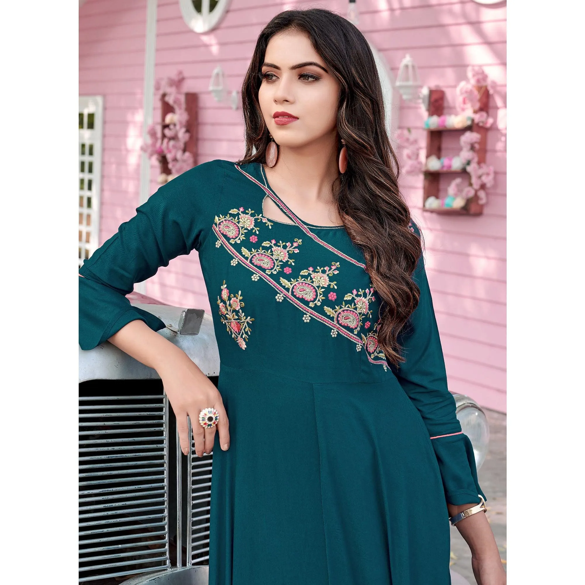 Bottle Green Casual Wear Embroidered Rayon Gown