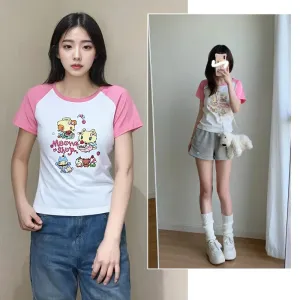 Cat Print T-Shirt – Pink White Patchwork Slim Fit Short Sleeve Tee From Kawaii Stop