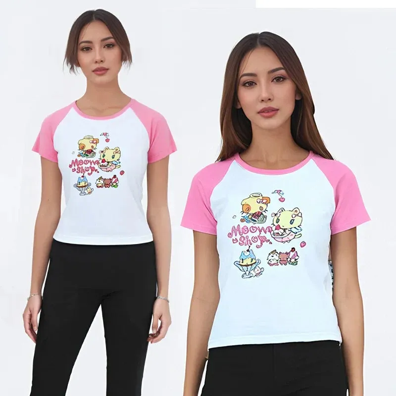 Cat Print T-Shirt – Pink White Patchwork Slim Fit Short Sleeve Tee From Kawaii Stop