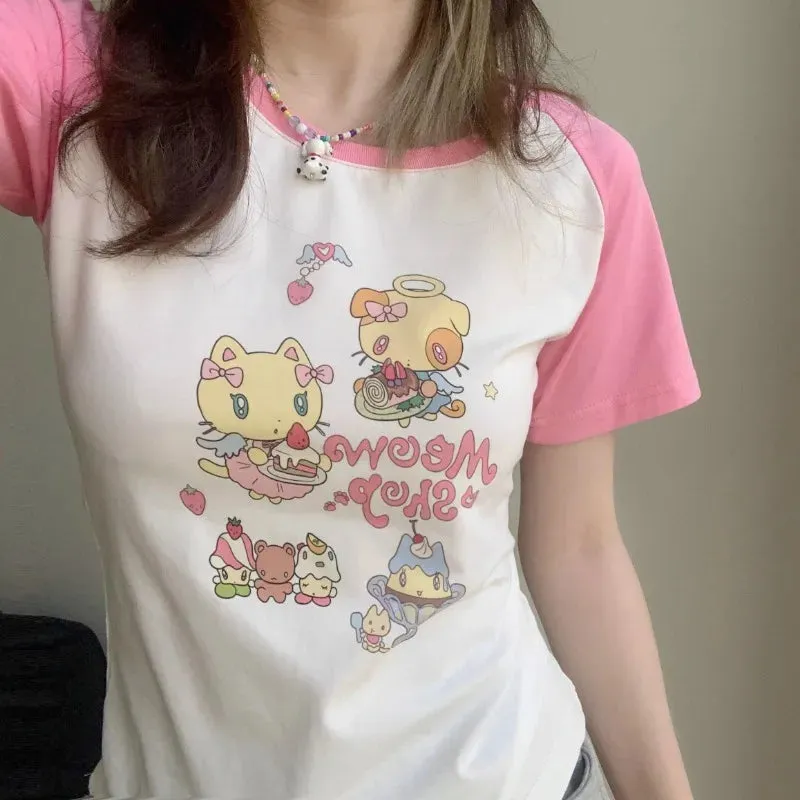 Cat Print T-Shirt – Pink White Patchwork Slim Fit Short Sleeve Tee From Kawaii Stop