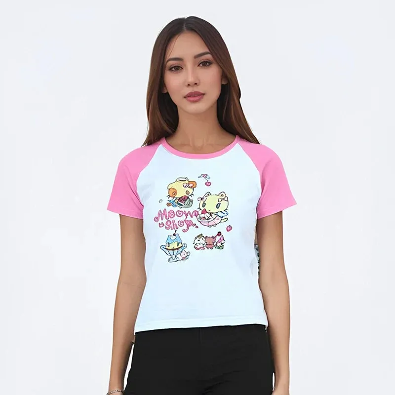Cat Print T-Shirt – Pink White Patchwork Slim Fit Short Sleeve Tee From Kawaii Stop