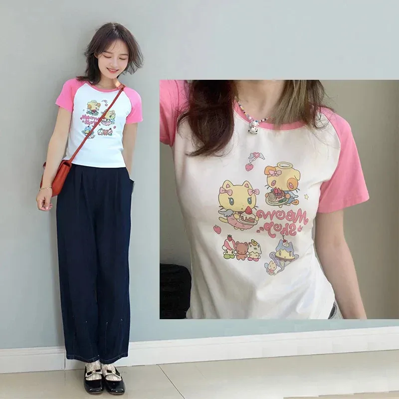 Cat Print T-Shirt – Pink White Patchwork Slim Fit Short Sleeve Tee From Kawaii Stop