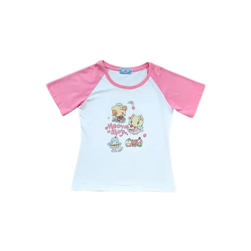 Cat Print T-Shirt – Pink White Patchwork Slim Fit Short Sleeve Tee From Kawaii Stop