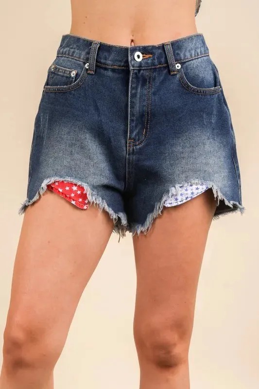 Contrast Star Lining Washed Denim Raw Hem Shorts