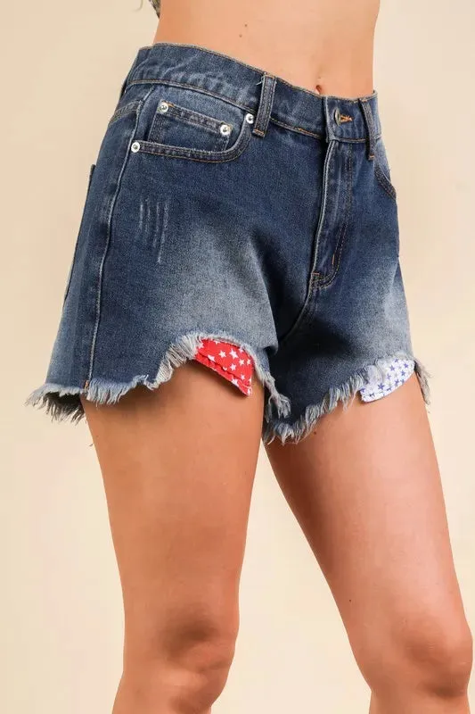 Contrast Star Lining Washed Denim Raw Hem Shorts