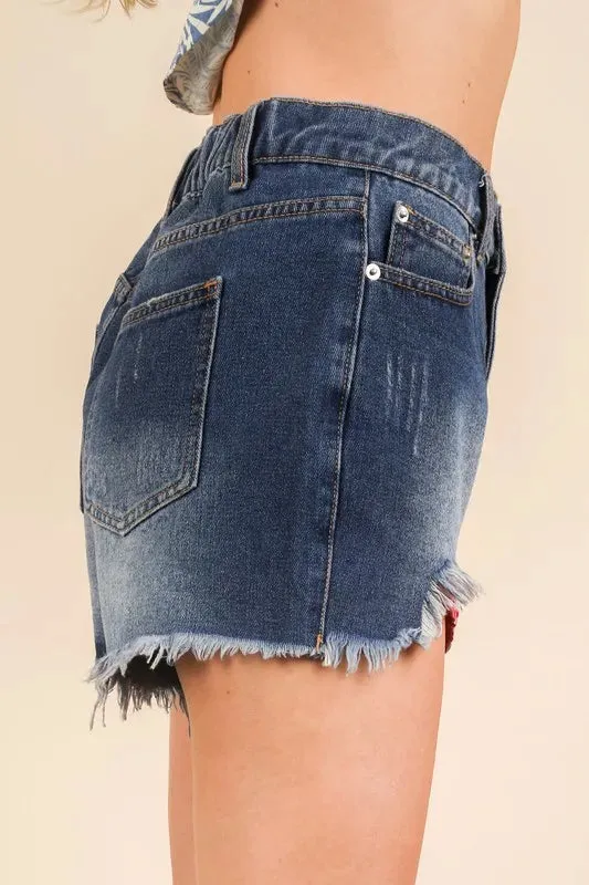 Contrast Star Lining Washed Denim Raw Hem Shorts