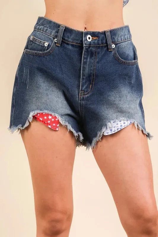 Contrast Star Lining Washed Denim Raw Hem Shorts