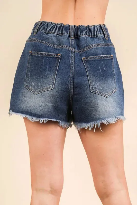 Contrast Star Lining Washed Denim Raw Hem Shorts