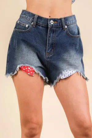 Contrast Star Lining Washed Denim Raw Hem Shorts