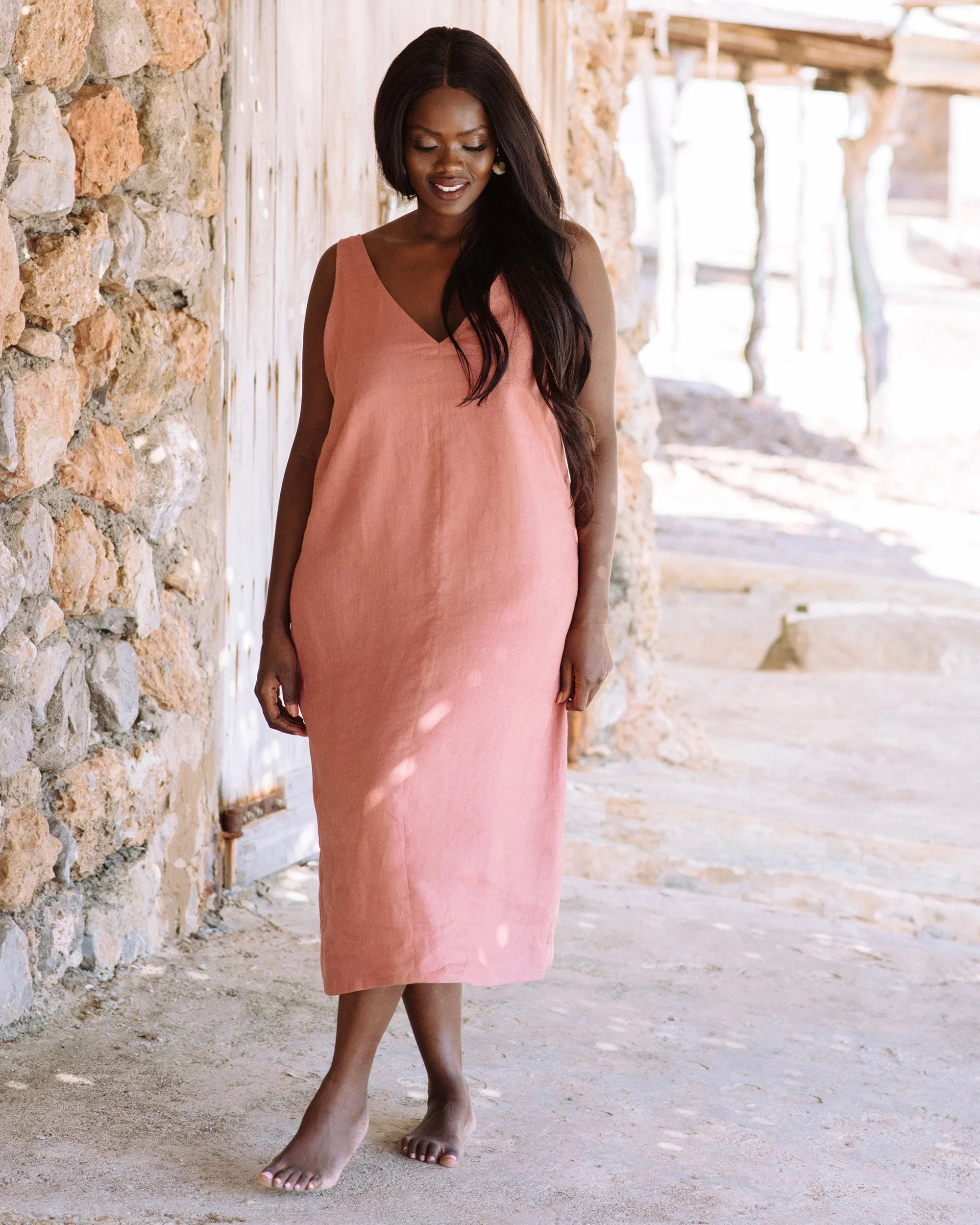 Cut-out linen dress TAHITI in Clay pink