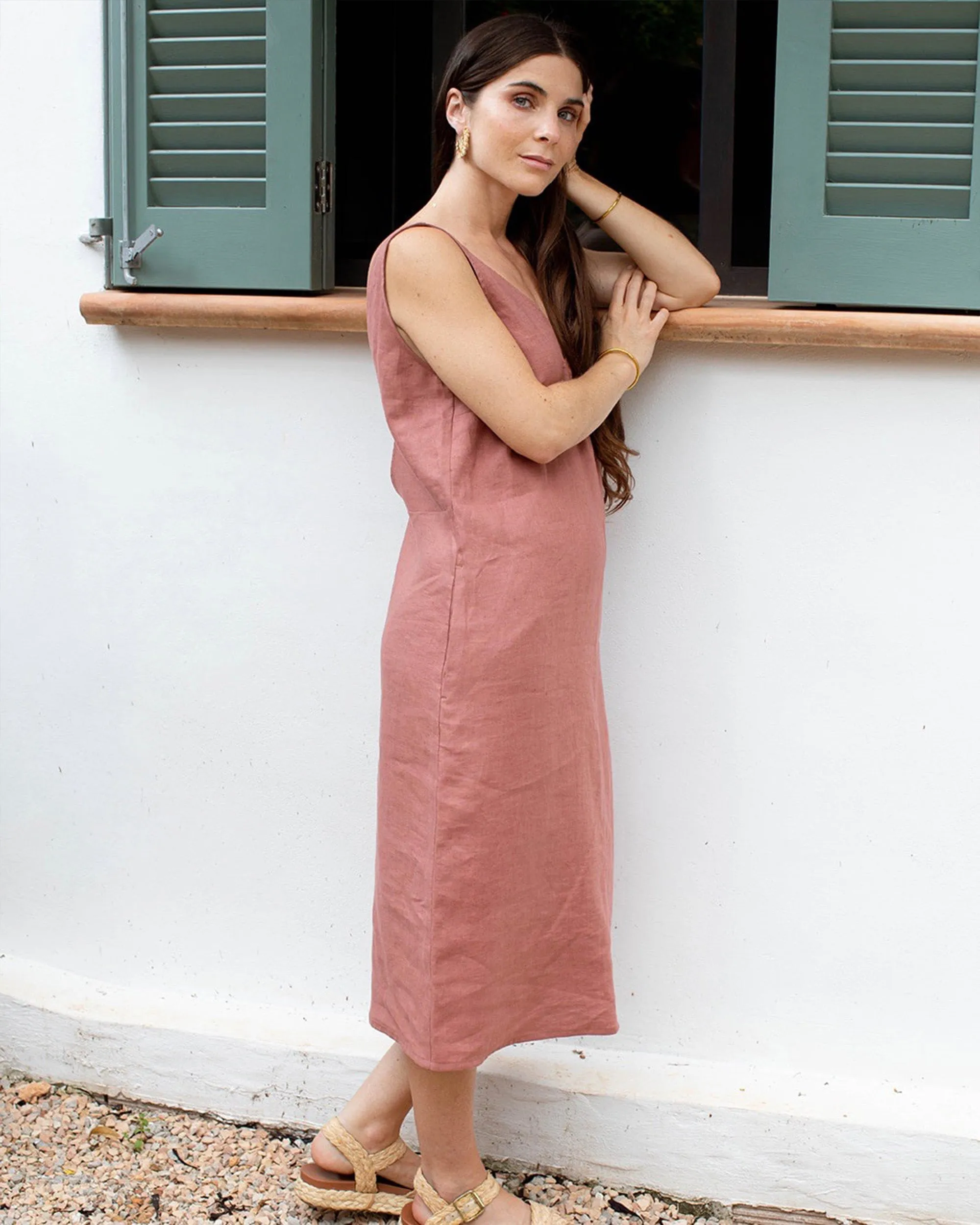 Cut-out linen dress TAHITI in Clay pink