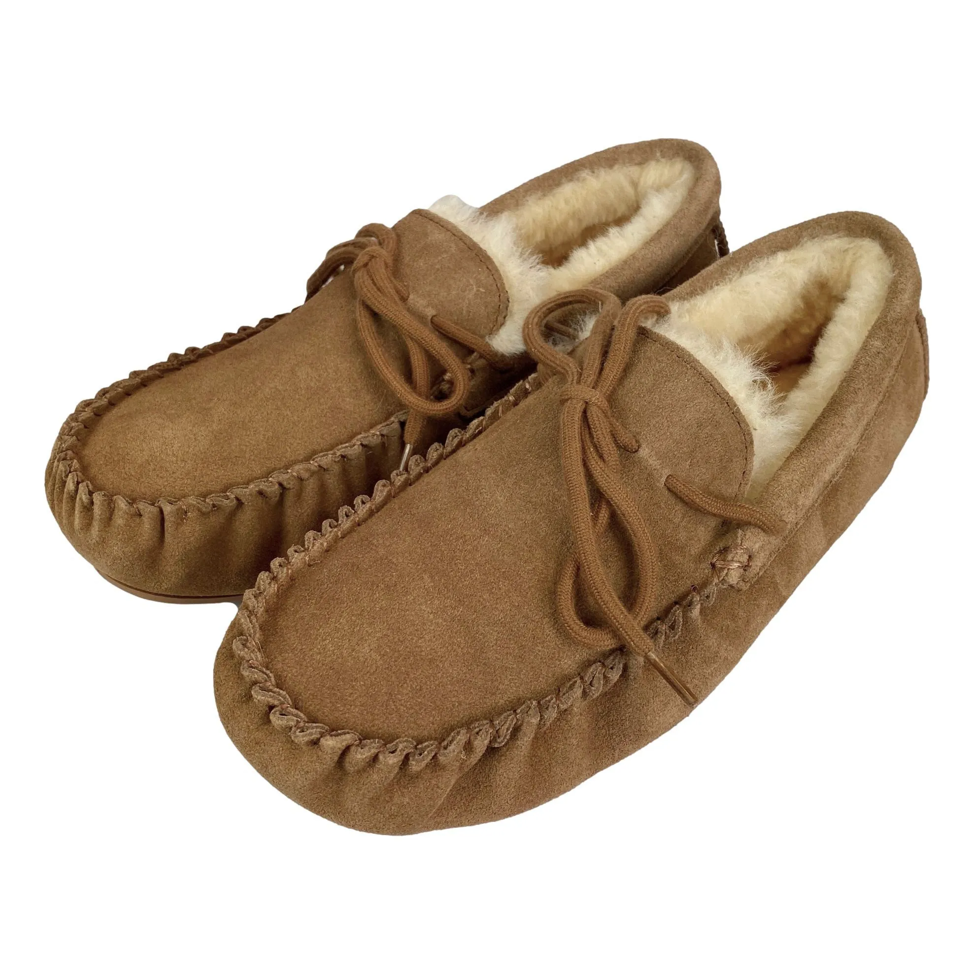 Deluxe Mens 'Leo' Lambswool Moccasin Slippers with Hard Sole - Chestnut