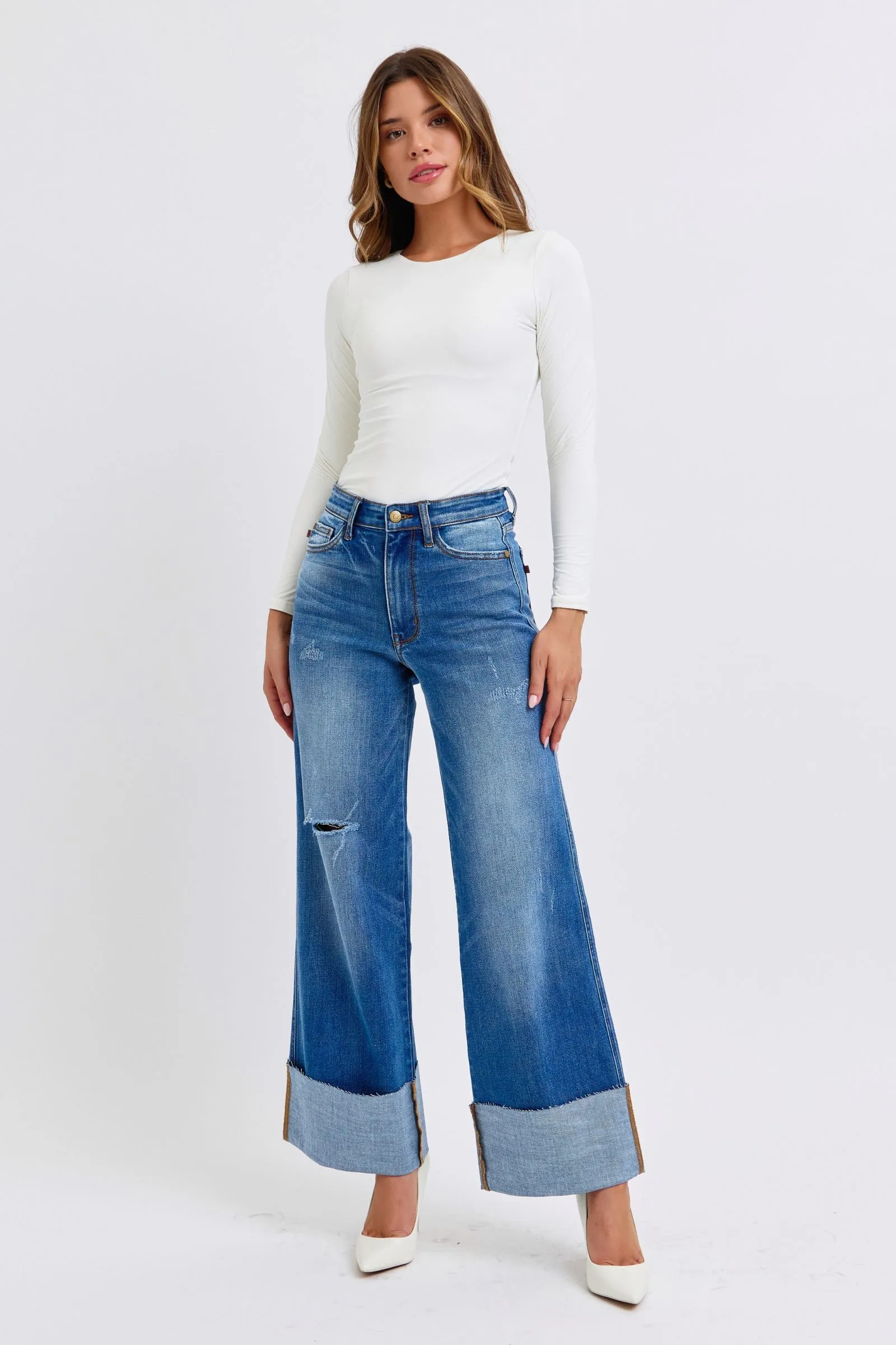 Distressed High-Waist Wide Leg Jeans with Cuffed Hem – Vintage Blue Wash