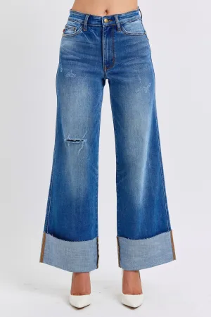 Distressed High-Waist Wide Leg Jeans with Cuffed Hem – Vintage Blue Wash